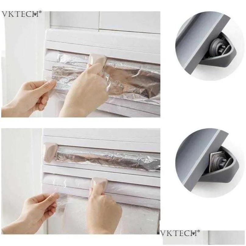 wallmount paper towel holder sauce bottle storage rack 4 in 1 plastic film cutter mutifunction kitchen organizer 210705