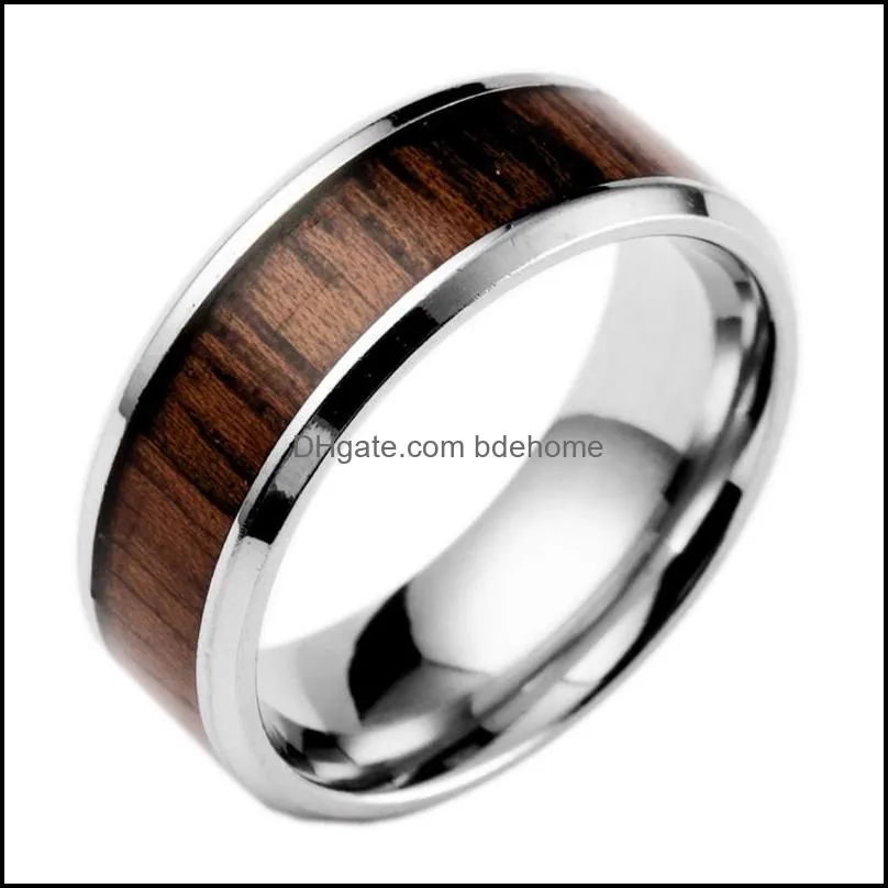 men fashion ring stainless steel wood rings wedding band anniversary birthday gift jewelry