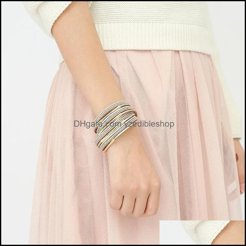 multilayer magnetic buckle leather bangle bracelet for women men fashion crystal open cuff bracelets trendy jewelry gift