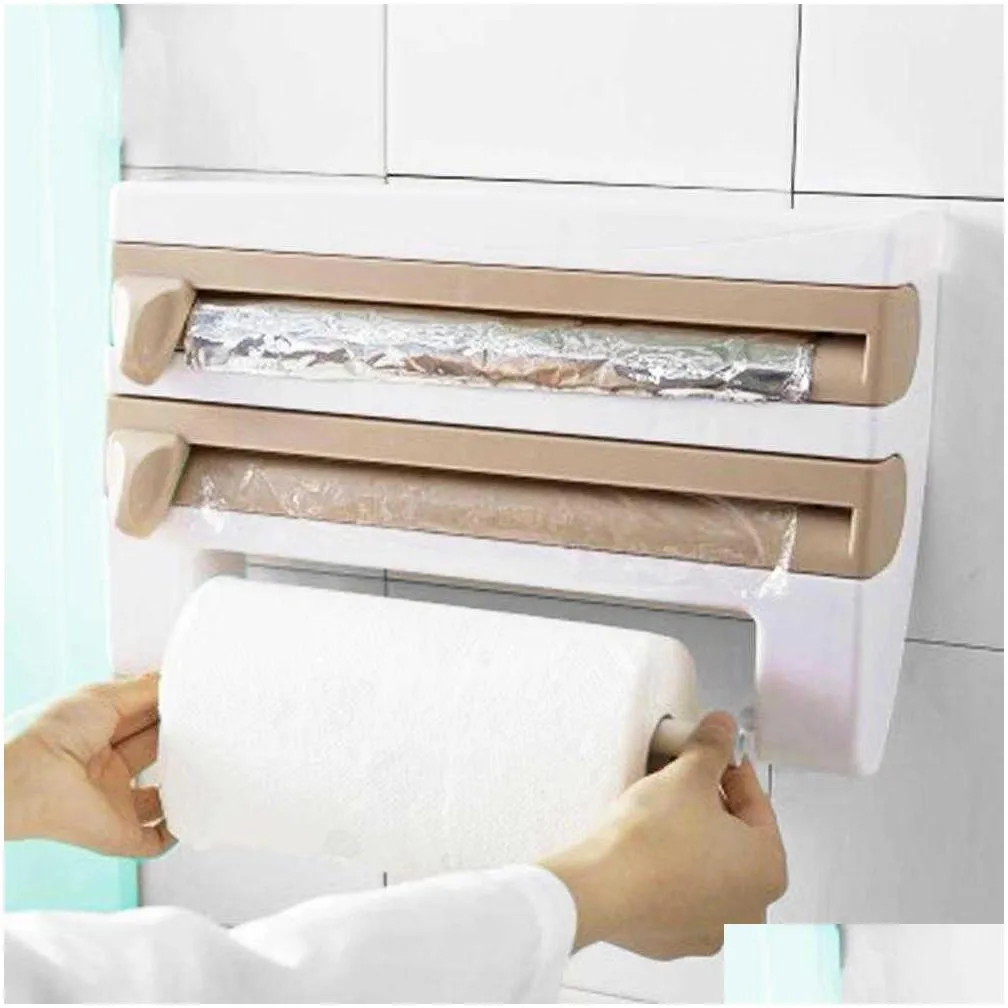 wallmount paper towel holder sauce bottle storage rack 4 in 1 plastic film cutter mutifunction kitchen organizer 210705