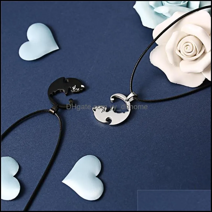 2pcs/set black white cat couple necklace for couple stainless steel pendant leather rope necklace fashion jewelry set