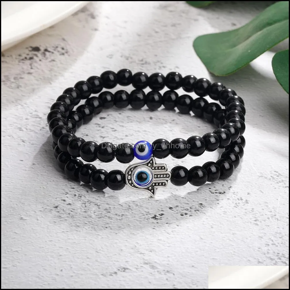 fashion 6mm natural stone beads evil blue eye strands beaded bracelet 2pcs/set handamde turkish eyes bracelets for women men yoga reiki