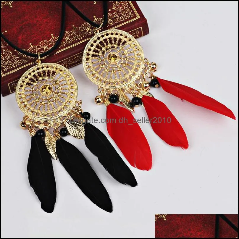 sliver hollow dream catcher tassel pendant necklace for women elegant red black feather bohemian style jewelry gift