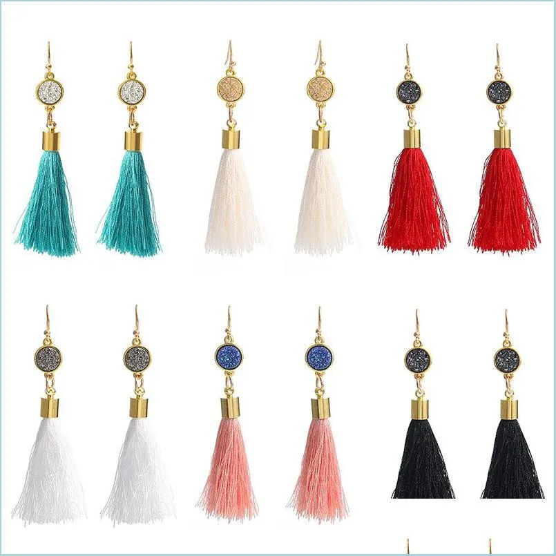 boho fashion colorful statement tassel dangle earrings for women resin druzy stone pendant gold plated hook long dangle earrings jewelry