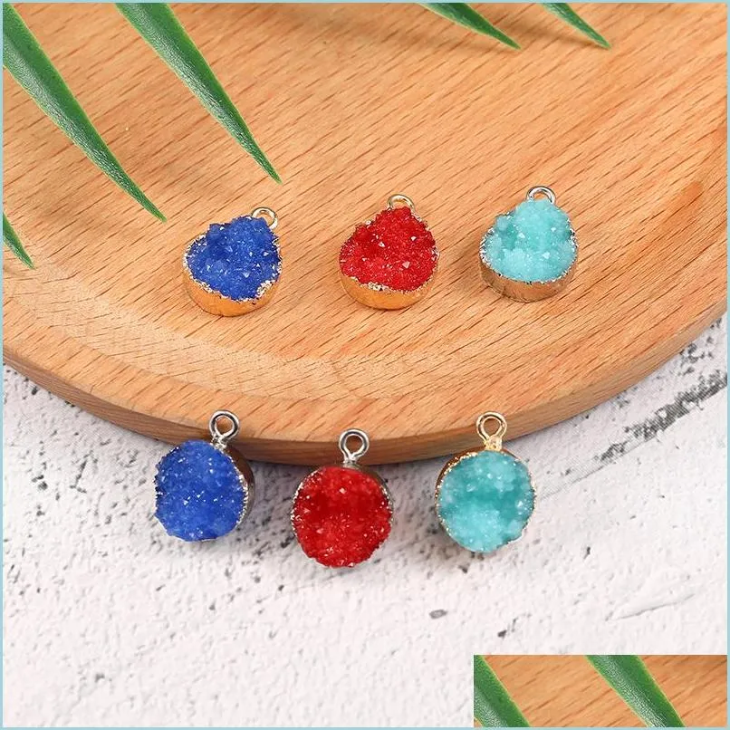  resin stone druzy diy charm women bracelet necklace earring colorful gold silver plated copper pendant for diy jewelry making