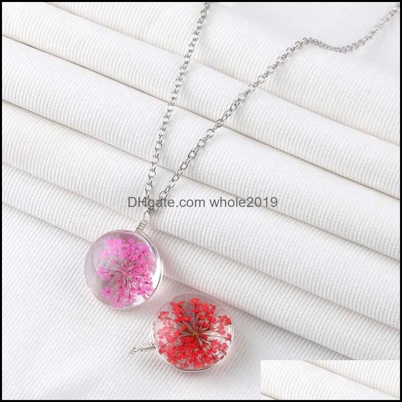 handmade real dried flower round glass pendant necklaces for women multicolor cute transparent necklace diy silver chain charms jewelry