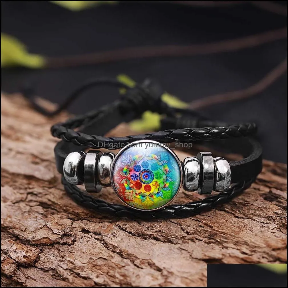 handmade mandala flower pattern dome leather bracelet for women multilayer om symbol yoga buddhism glass bracelet trendy jewelry