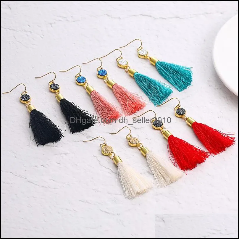 boho fashion colorful statement tassel dangle earrings for women resin druzy stone pendant gold plated hook long dangle earrings jewelry