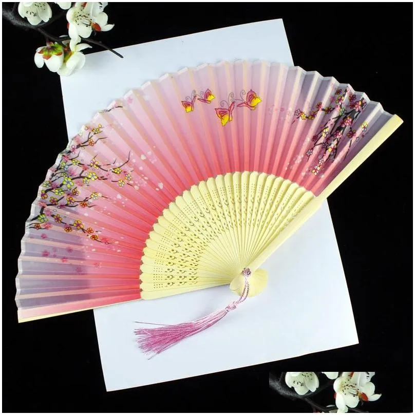 mix color chinese style silk hand fans weddings printed flower butterfly wooden handle wedding dancing props with tassels