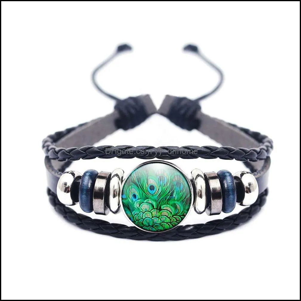 handmade peacock pattern glass dome leather bracelet for women men buddhism multilayer om yoga bracelet trendy jewelry gift