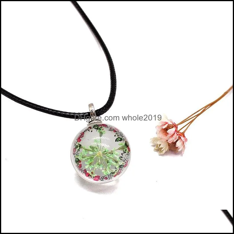 9 colors dried flower choker pendant necklaces for women girls black leather rope chain glass ball charm necklace pink blue bohemia handmade jewelry chirstmas