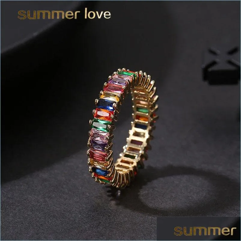 rainbow crystal zircon ring engagement rings for women fashion square baguette cz eternity finger ring wedding jewelry