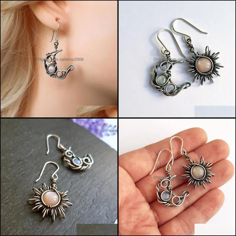 bohemia sun and moon earrings silver color crystal drop earrings women female boho fashion jewelry gift