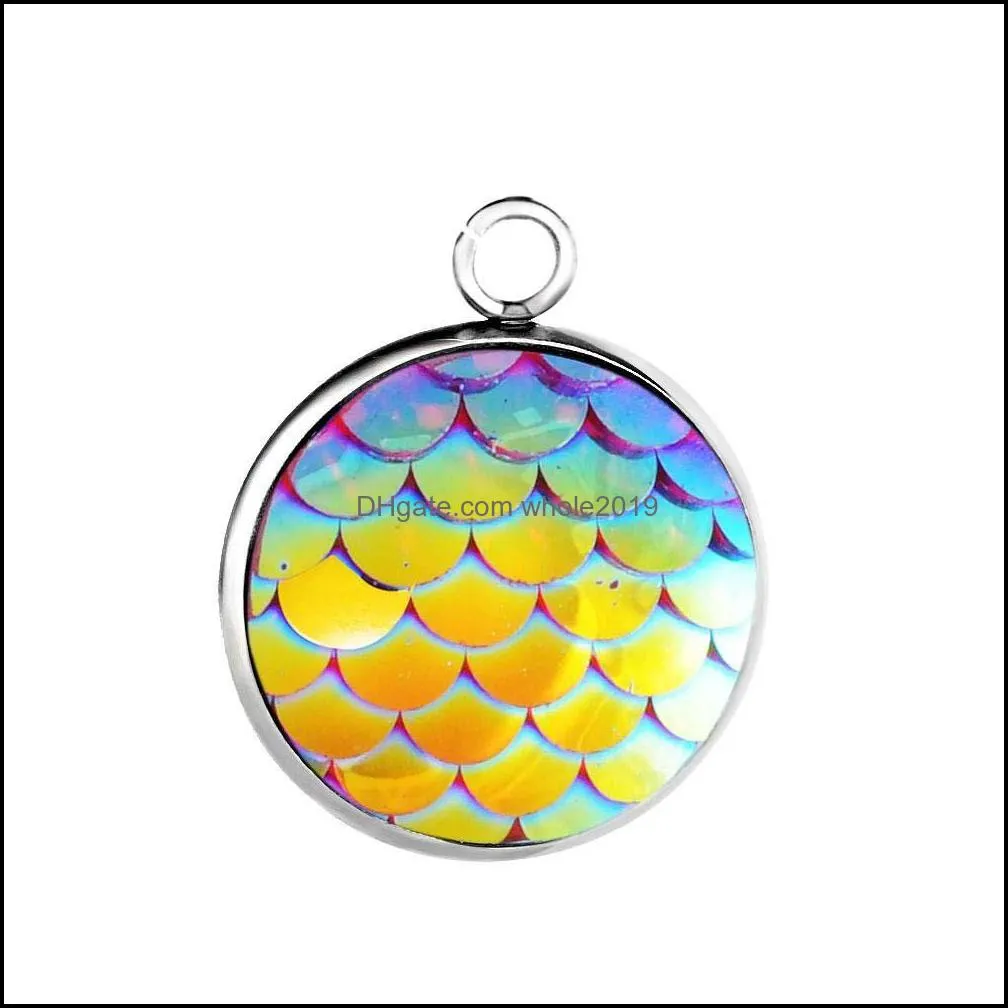 16mm stainless steel resin fish scales mermaid pendants unique design round charm for necklace bracelets diy jewelry making