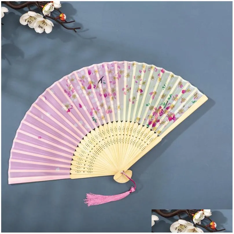 mix color chinese style silk hand fans weddings printed flower butterfly wooden handle wedding dancing props with tassels