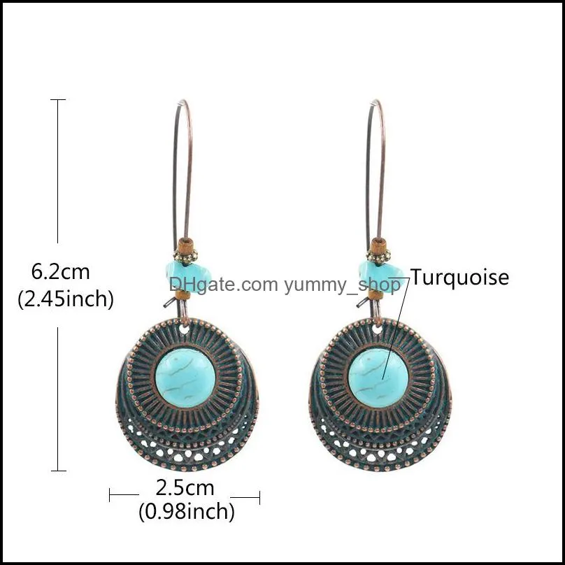 vintage hollow round enamel flower blue natural stone pendant earring for women antique design fashion long earring