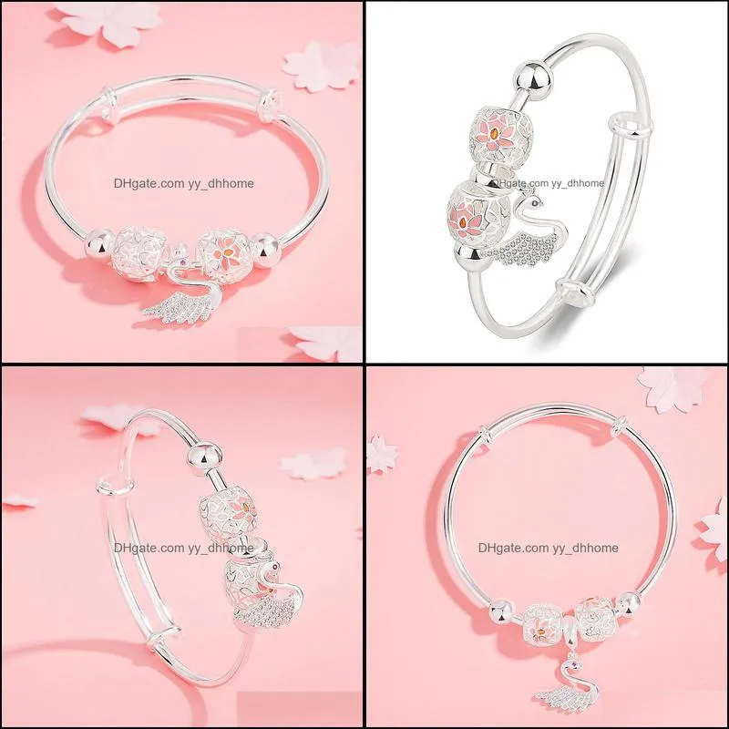 crystal swan bangle bracelet pink enamel flowers bangles bracelets for women jewelry girl trendy accessory gifts white gold s yydhhome