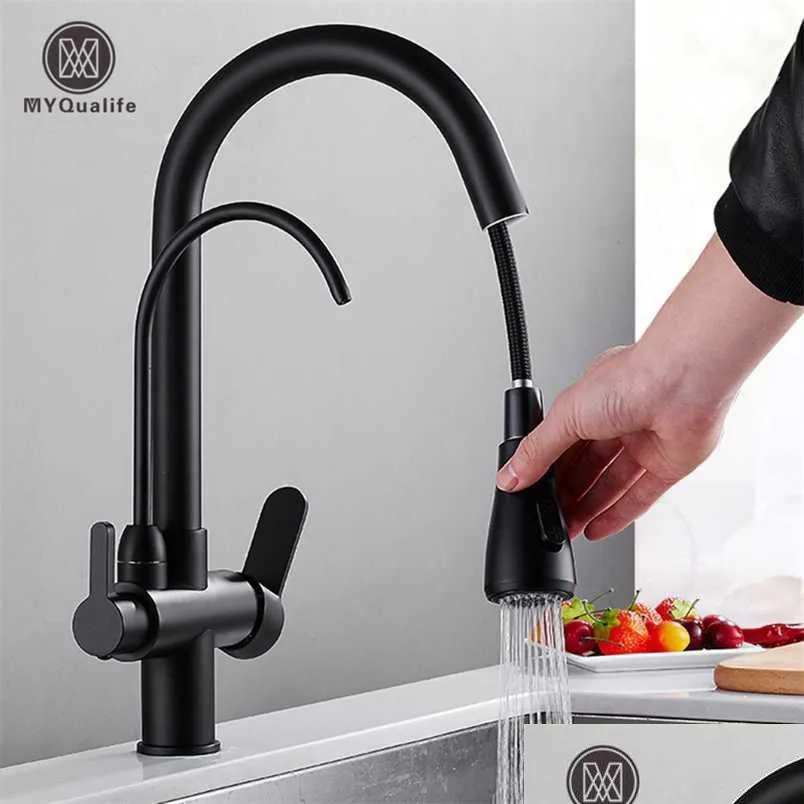 matte black pure water kitchen faucet dual handle and cold drinking water pull out kitchen mixer taps 211108