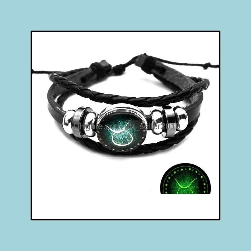 snap botton 12 zodiac constellation glowing charm bracelet for women men multilayer braided leather bracelet fashion birthday jewelry