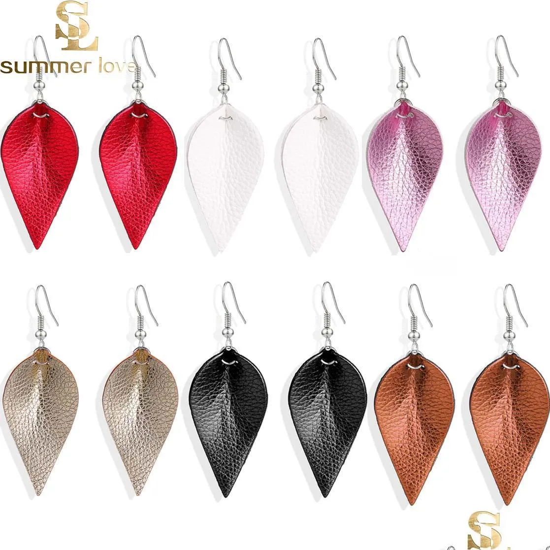  cutting leaf feather earrings pu leather sequins looking various multi colors bohemia water drop dangle earrings fashion jewelry