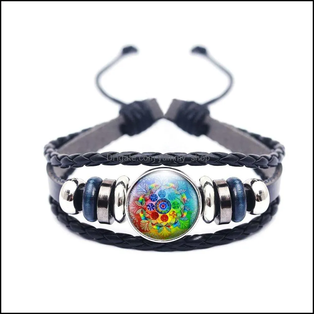 handmade mandala flower pattern dome leather bracelet for women multilayer om symbol yoga buddhism glass bracelet trendy jewelry