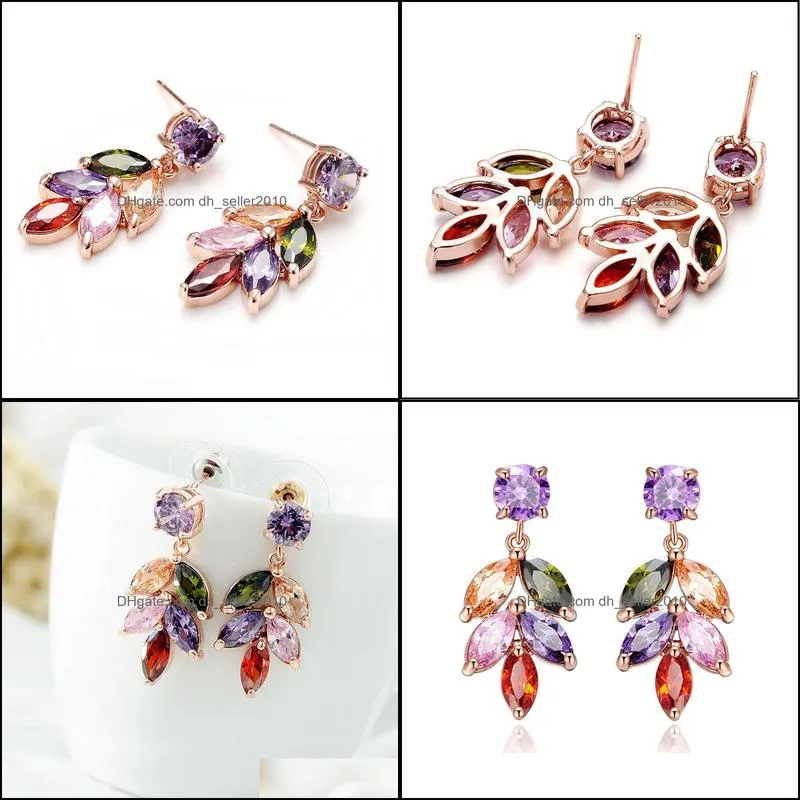  fashion leaf colorful 3a cubic zirconia dangle earrings for women rhinestone cluster floral cz bride earrings wedding jewelry