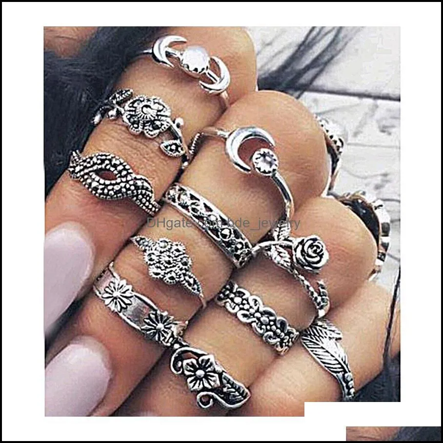 midi rings beautifully engagement boho chic moon flowers rose antique silver gold jewelry accessories 11pcs/set wedding rings sets