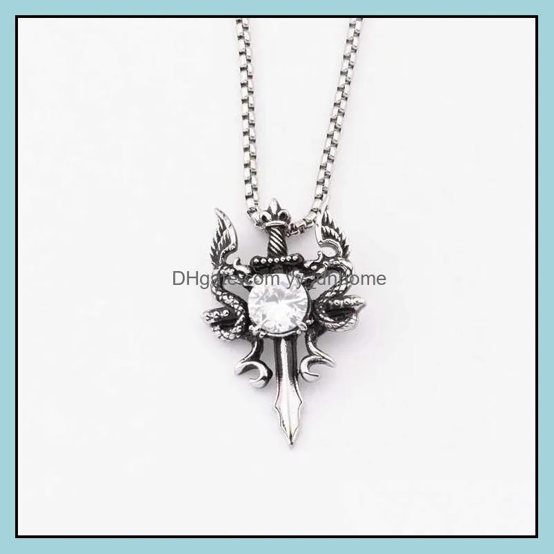 men dragon guard sword pendant necklace stainless steel chains with black zircon stone for male biker vintage fashion jewelry yydhhome