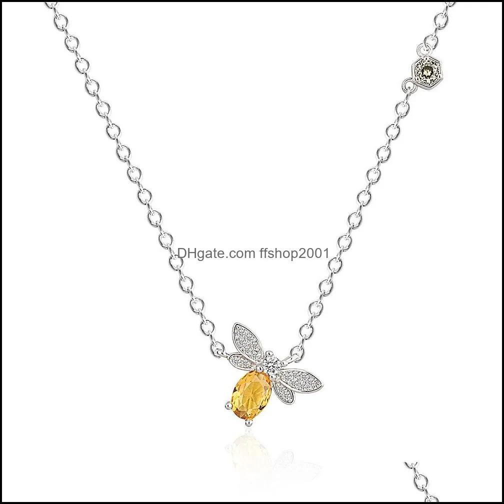 bee silver necklace natural citrine gemstone necklaces 14k real gold plated chain pendant jewelry crystals necklaces