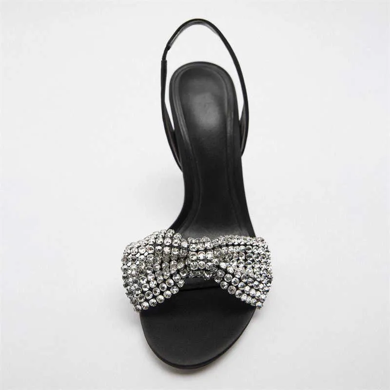 Sandals New Sequins Bow Sandals Women TRAF Luxury Rhinestone Black Round Toe High-heeled Shoes Woman Elegant Prom Stiletto Pumps Summer T230208