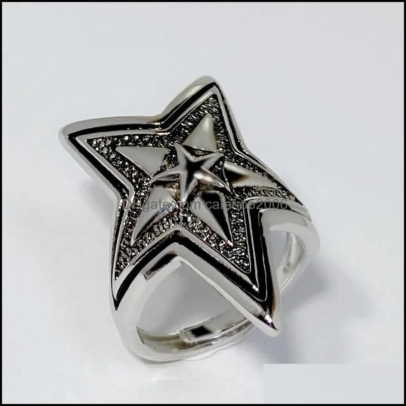 simple black doublelayer overlapping fivepointed star open ring punk retro mens trend star rock style ring