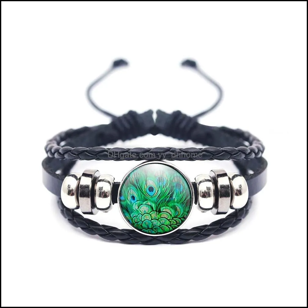 handmade peacock pattern glass dome leather bracelet for women men buddhism multilayer om yoga bracelet trendy jewelry gift