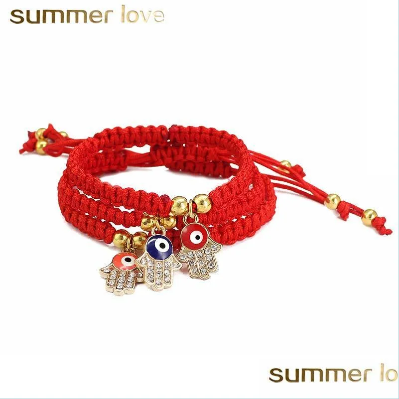 hanmade fatima hand evil blue eye pendants woven red string chain bracelet for women fashion lucky gold plated beads bracelets