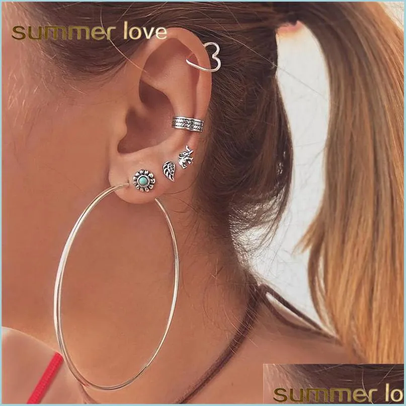 7 pcs/set vintage silver turquoise stud earrings circle earrings set big hoop dangle earring for women round earring fashion jewelry