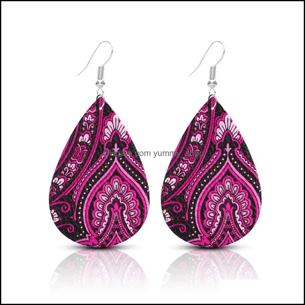 pu leather printing dangle earring for women bohemian teardrop sliver plating hook drop earring fashion jewelry gift