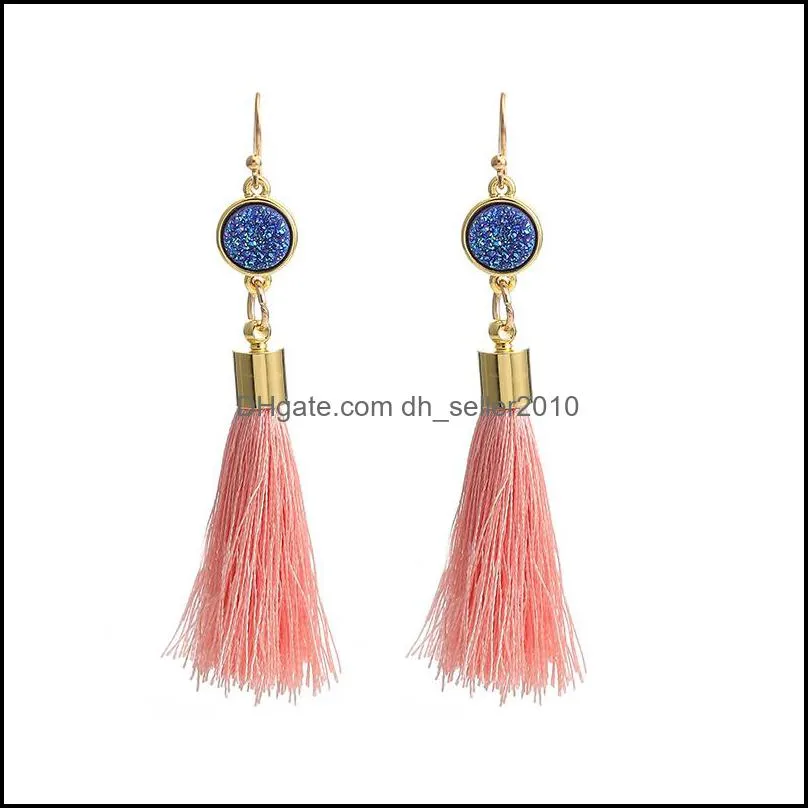 boho fashion colorful statement tassel dangle earrings for women resin druzy stone pendant gold plated hook long dangle earrings jewelry