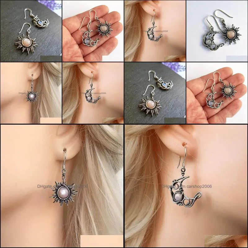 bohemia sun and moon earrings silver color crystal drop earrings women female boho fashion jewelry gift