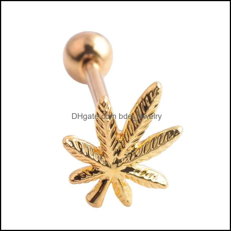  1pc leaves tongue piercing rings studs stainless steel unisex fashionable tongue navel bar body jewelry for women men