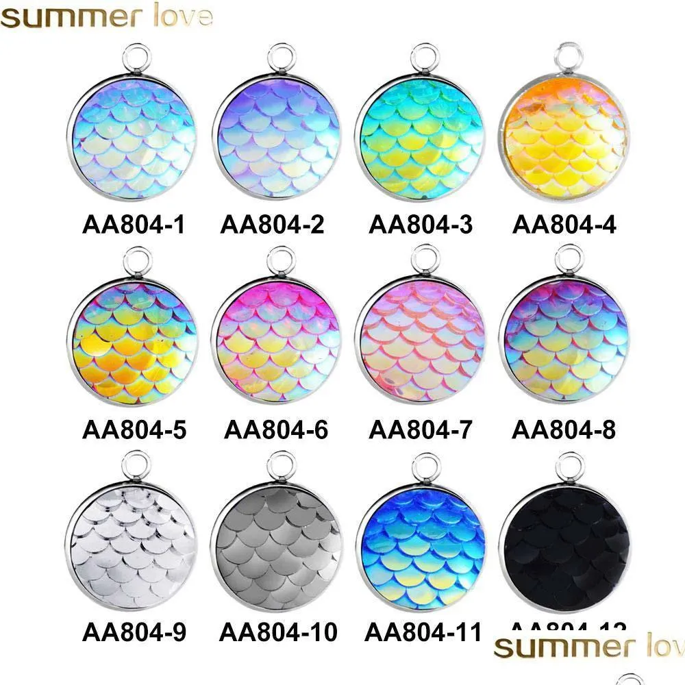 16mm stainless steel resin fish scales mermaid pendants unique design round charm for necklace bracelets diy jewelry making