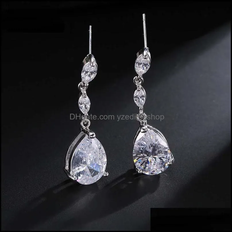  est silver plated cubic zirconia waterdrop shape drop earring for women elegant copper earring gift for brides bridesmaids
