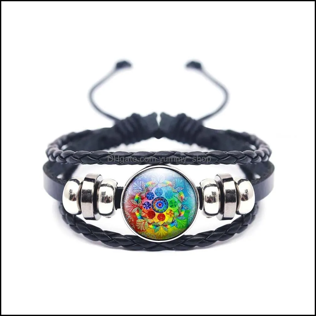 handmade mandala flower pattern dome leather bracelet for women multilayer om symbol yoga buddhism glass bracelet trendy jewelry