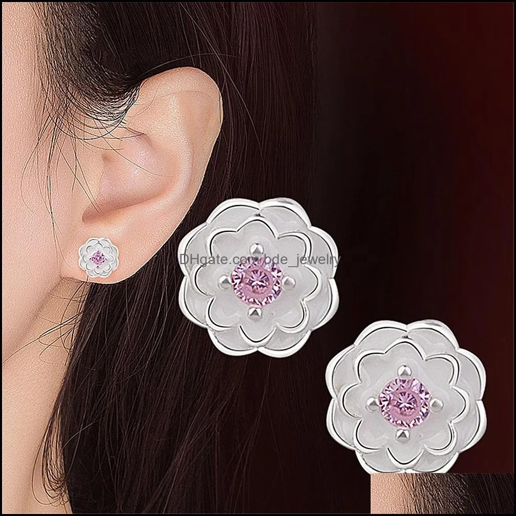 flower crystal stud earrings silver color ear studs womens fine jewelry mothers day birthday gift silver earring