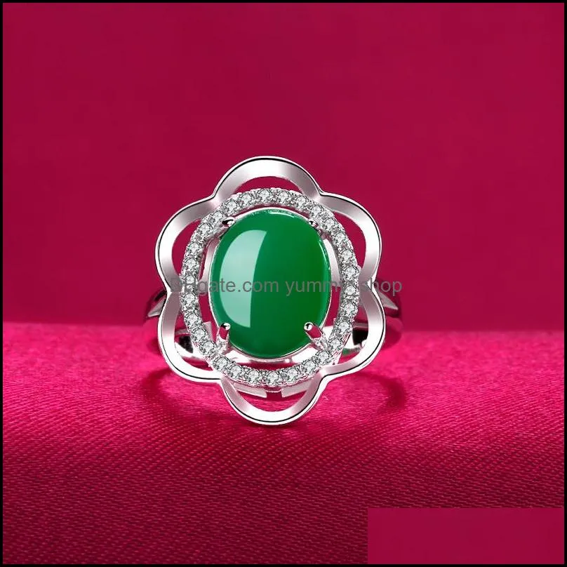 vintage sliver rings womens luxury jewelry emerald gemstones jade ring oval green flower adjustable ring for female mum gift