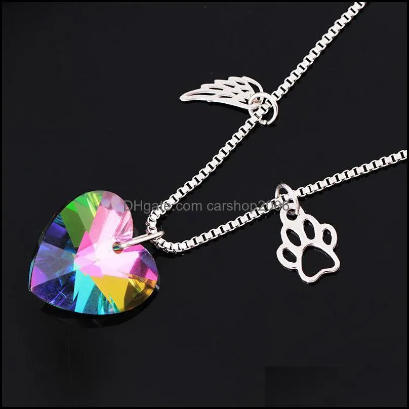 heart crystal necklace glass necklaces rainbow color paw pendant for lover wings hollow dog claw necklace