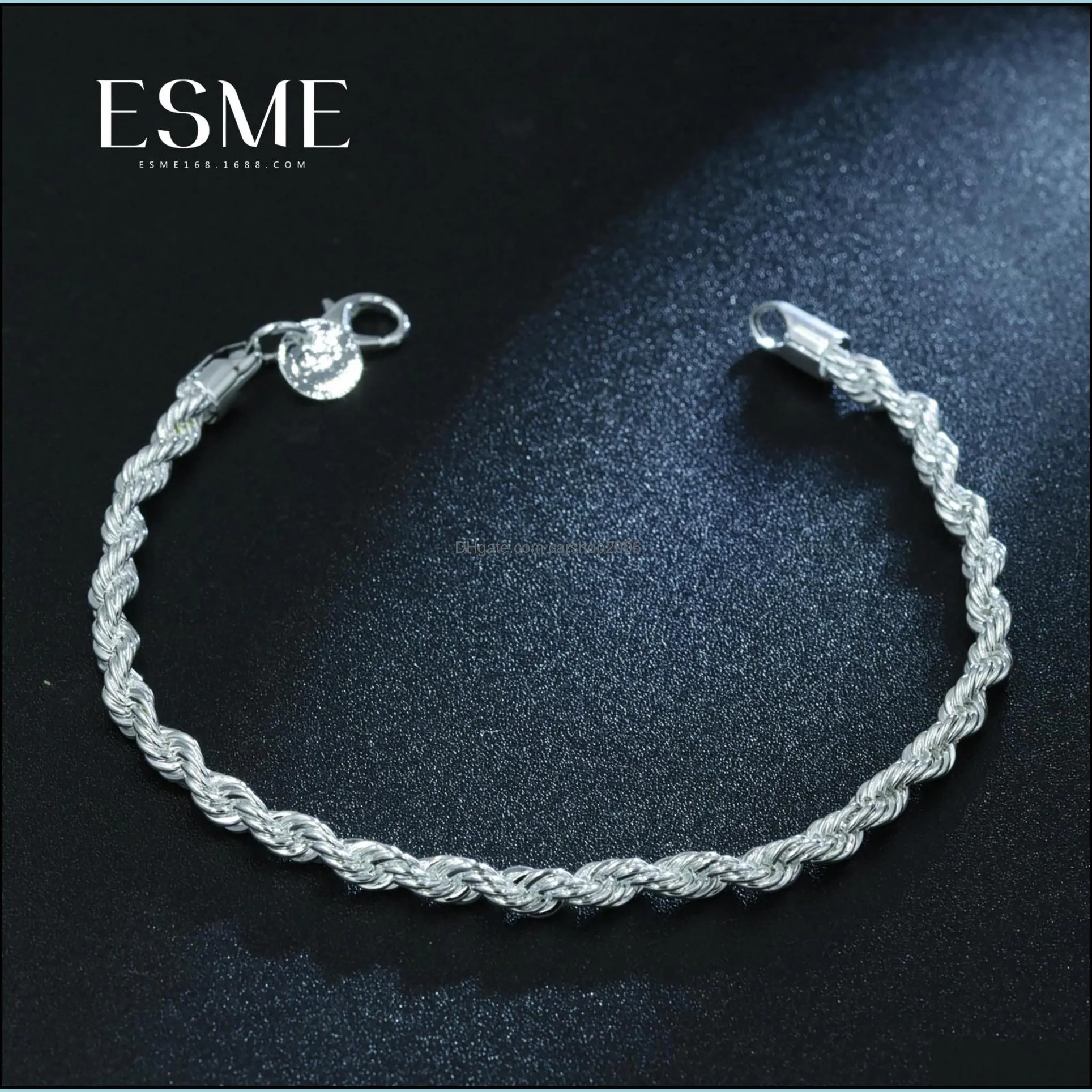 925 sterling silver fine jewelry for women and men 4mm chain charm flash twisted rope bracelet pulseiras de prata jewelry