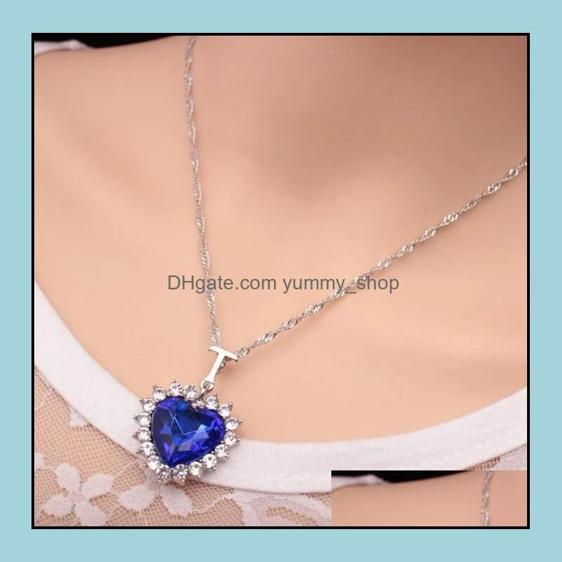 ocean heart pendant necklace luxury jewelry silver plated chain choker necklaces blue crystal rhinestone imitation pretty crystal