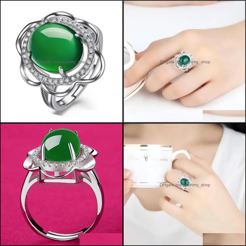 vintage sliver rings womens luxury jewelry emerald gemstones jade ring oval green flower adjustable ring for female mum gift