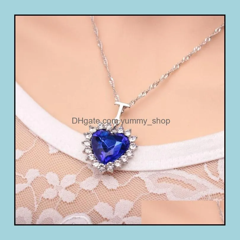 ocean heart pendant necklace luxury jewelry silver plated chain choker necklaces blue crystal rhinestone imitation pretty crystal