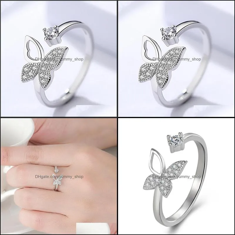 cute butterfly opening adjustable rings inlaid zircon exquisite rings for women wedding party jewellry bijoux gifts silver ring