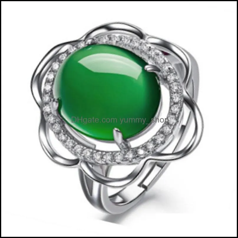 vintage sliver rings womens luxury jewelry emerald gemstones jade ring oval green flower adjustable ring for female mum gift